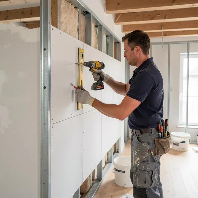 Drylining installer boarding a metal stud partition on site