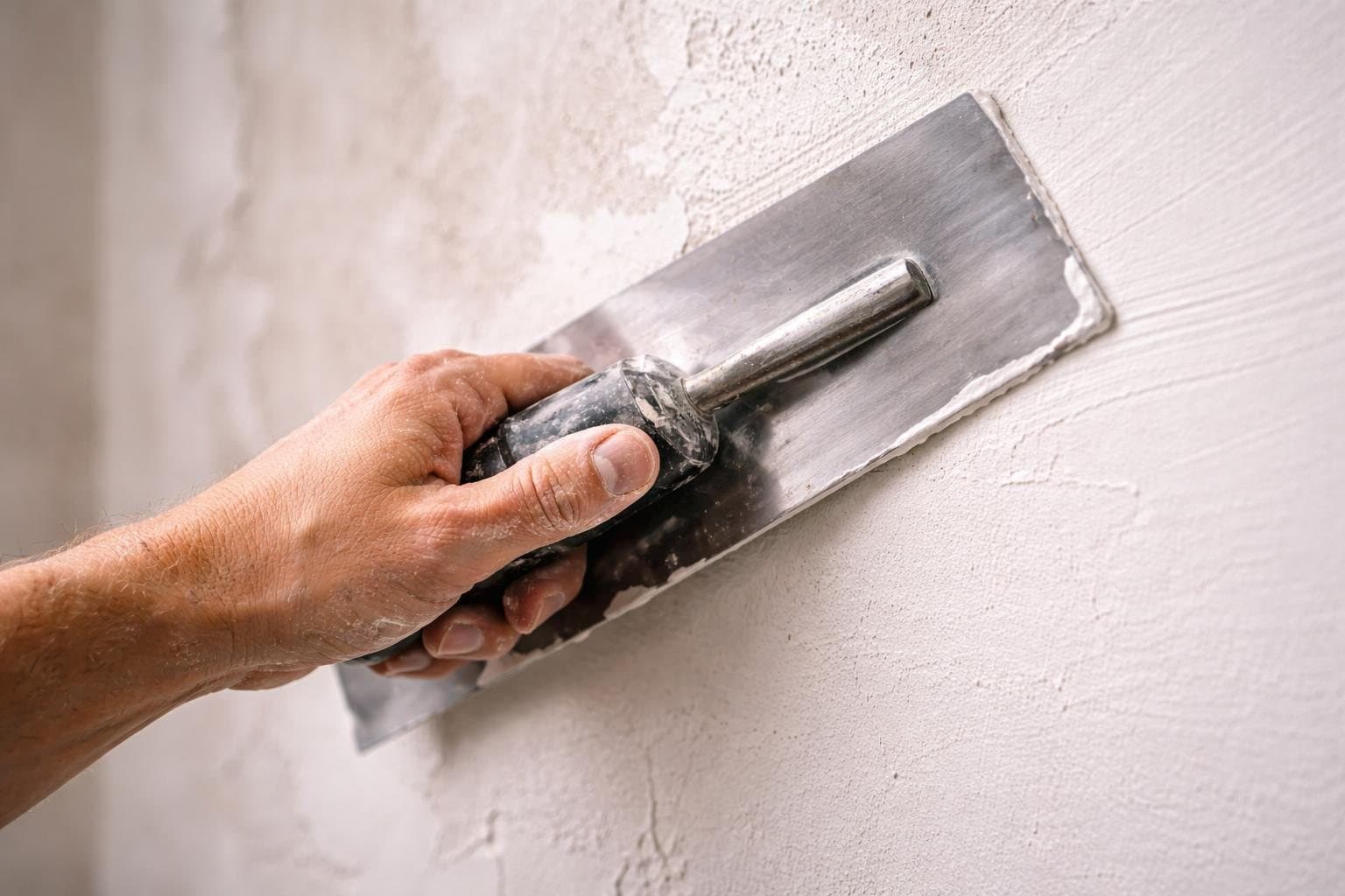 Plasterer finishing a wall with a steel trowel